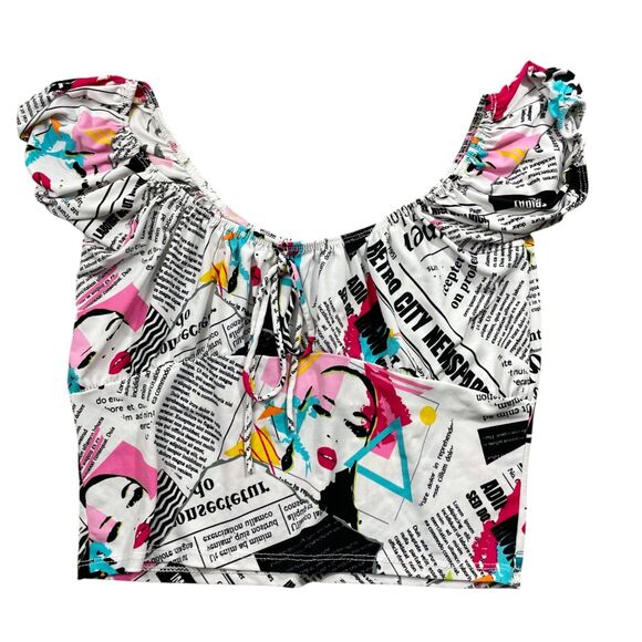 Mind Code Crop Top (see measurements) Newspaper Print Design Puff Sleeve - Picture 1 of 4